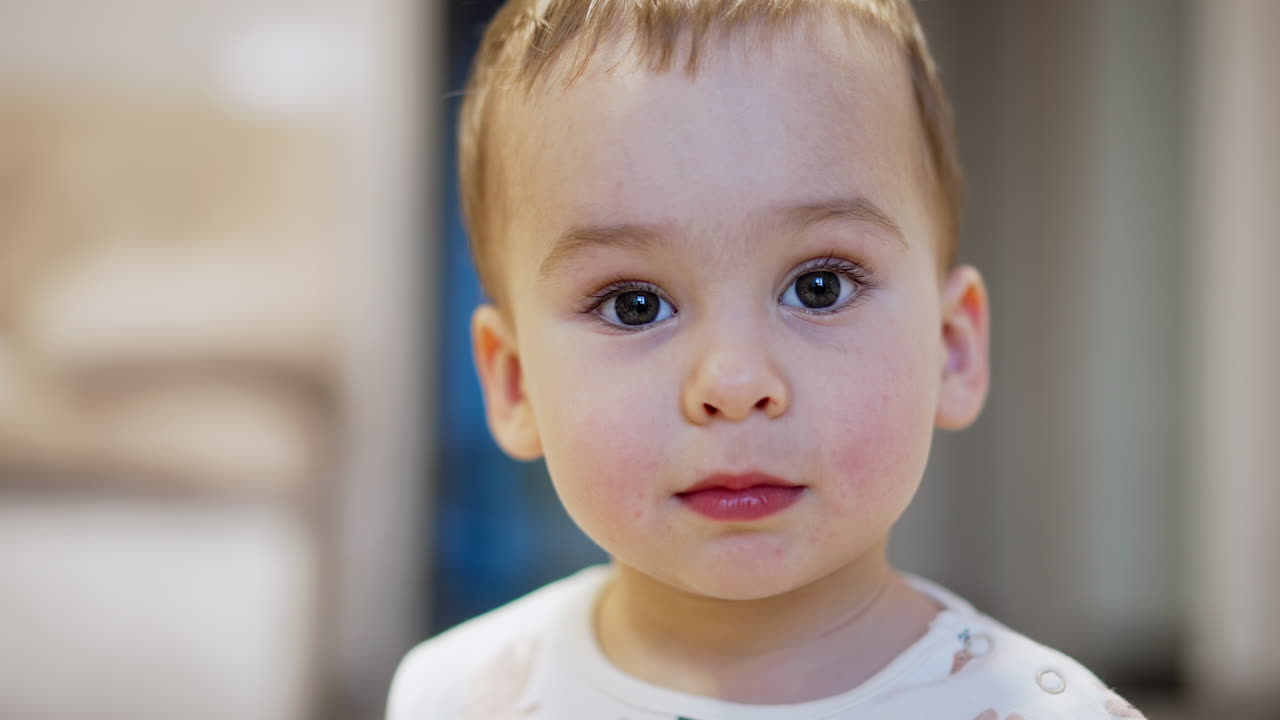 Beautiful Caucasian baby portrait. Adorable toddler boy sits calm smiling to the camera and approaching it. Close up. Blurred backdrop.