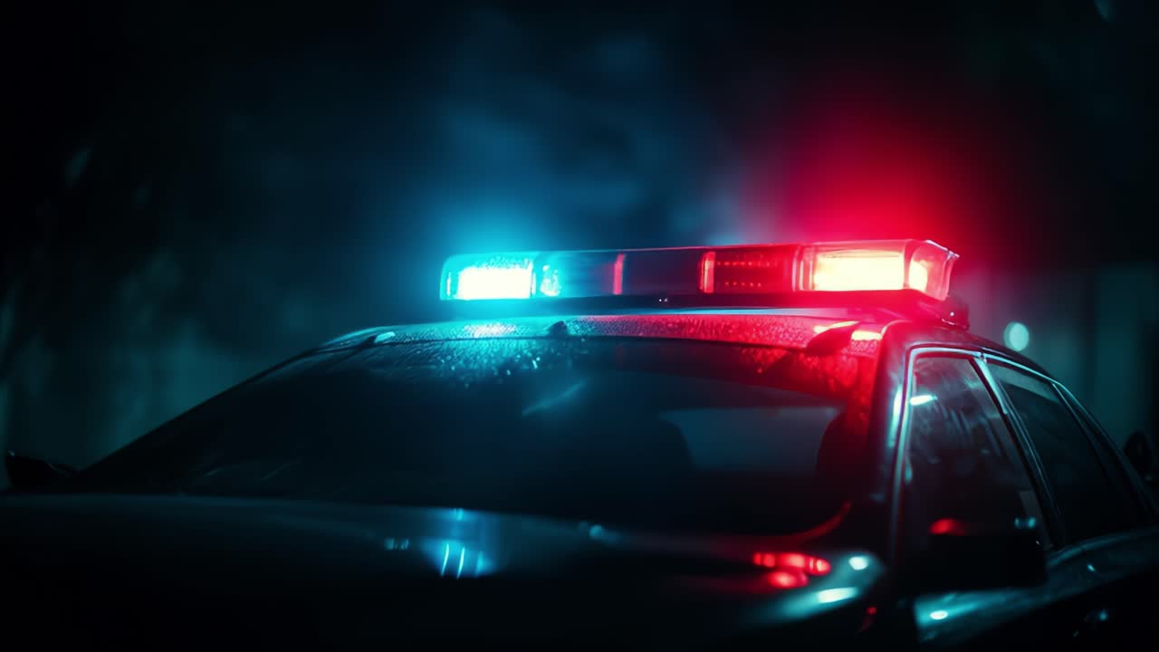 Flashing police car lights illuminating night street scene