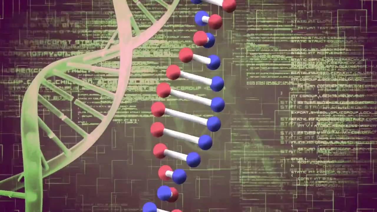 DNA strand appearing, foreground helix rotating into black circular matte, showing red-blue bases
