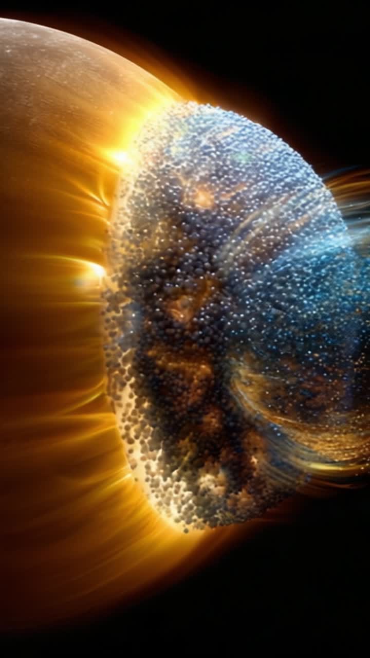 Dramatic Cosmic Collision: A Planetary Impact Event with Explosive Energy and Stellar Particles in a Vivid, Fiery Display of Celestial Dynamics and Creation