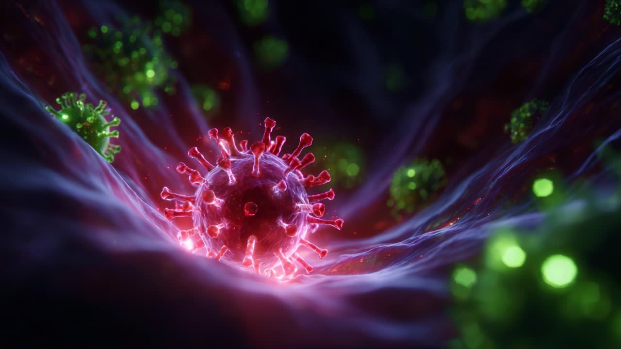 Illustrazione di un virus con cellule circostanti in un ambiente microscopico, che evidenzia la sua struttura e gli intricati dettagli della sua formazione