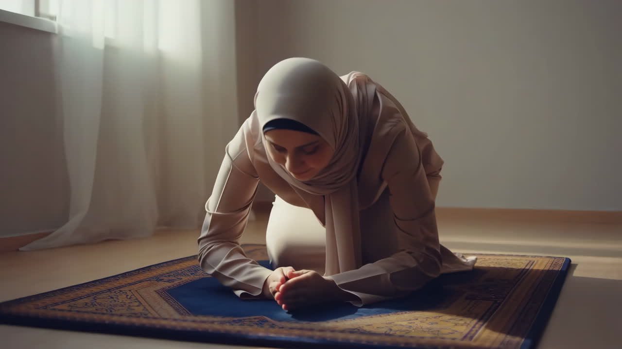 A Muslim woman performing prayer (Salat) on a prayer mat