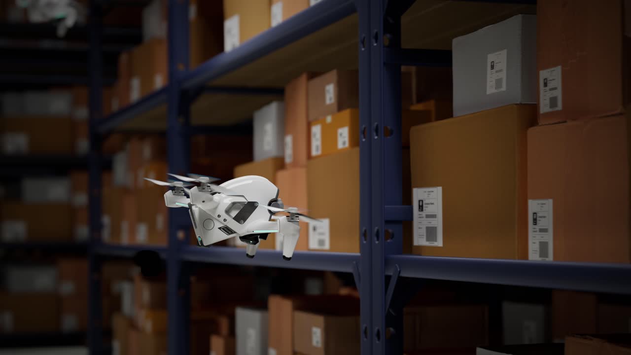 Animazione con drone in magazzino che scansiona codici QR su scatole di cartone in uno scaffale metallico. Sistema completamente automatico e senza equipaggio per la distribuzione delle merci. Processo logistico efficiente coordinato da computer.