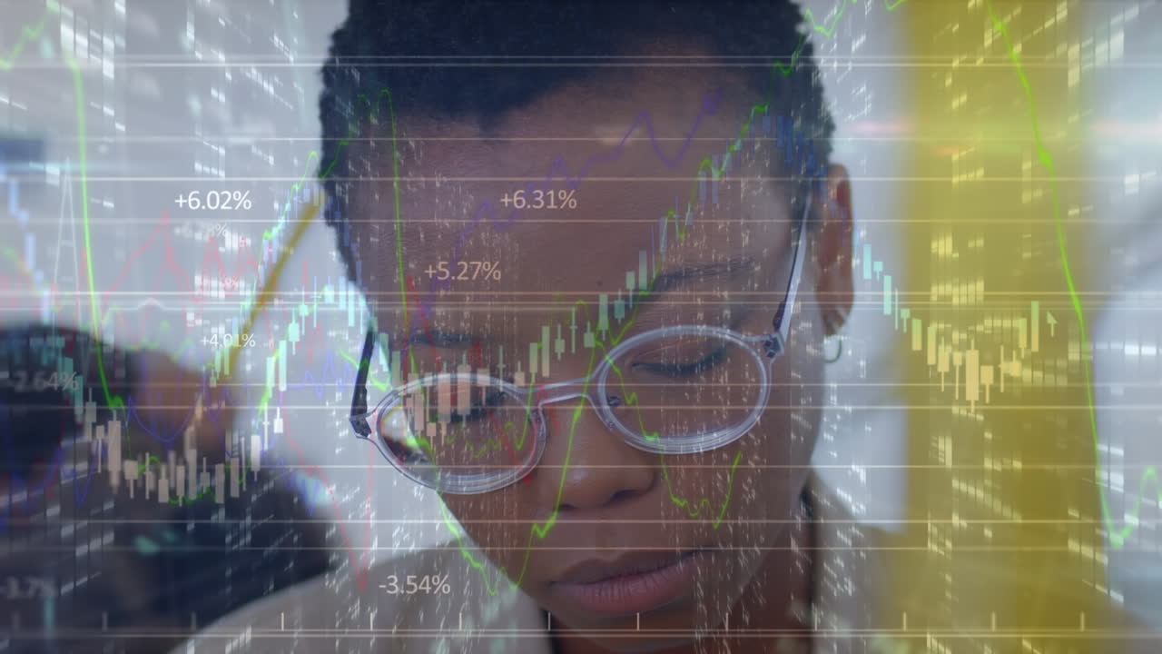 Animation of financial data and graphs over african american businesswoman in office