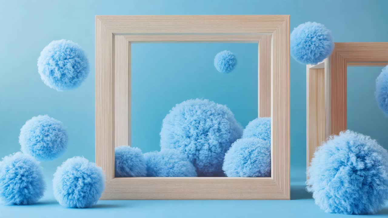 Light Blue Pom-Poms in Wooden Frame