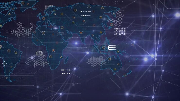 Animation of molecules and constellations over data processing on black and black constellations