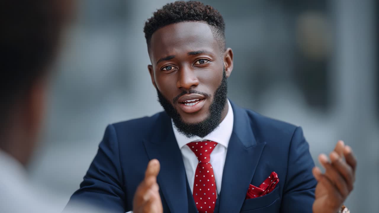 Confident Businessman Engaging in Important Discussion in a Professional Setting, Showcasing Expression and Attire During a Serious Conversation