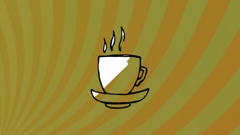 animation of steam on drawing of tea cup with saucer against sunburst in background