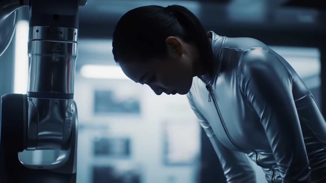 In a futuristic setting, a woman in a sleek silver suit interacts with an advanced robotic arm, embodying the blend of human emotion and cutting-edge technology