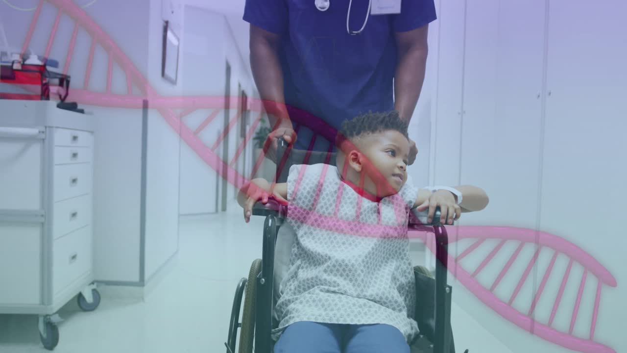 Animation of dna strand over male doctor with biracial boy patient