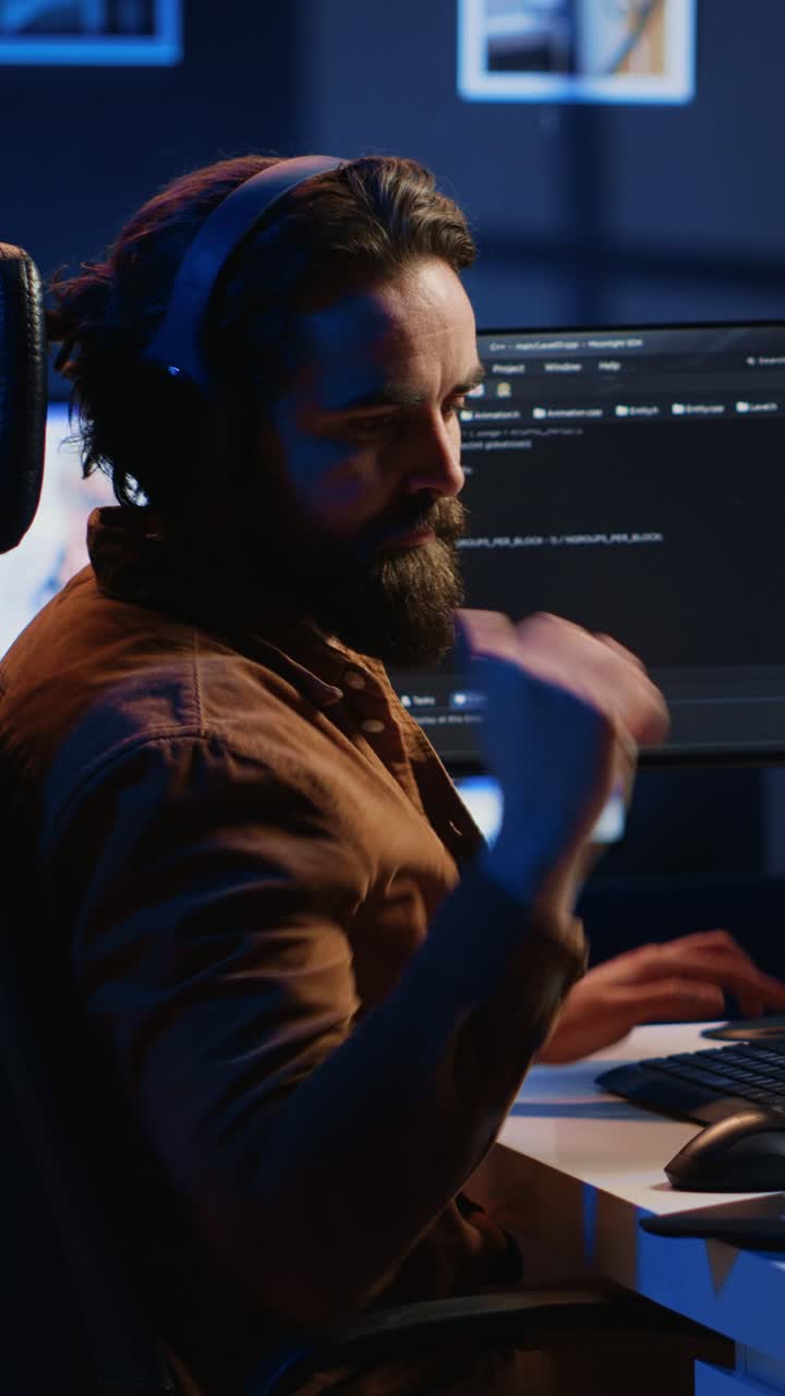 Focused Programmer Working on Code at Night with Headphones