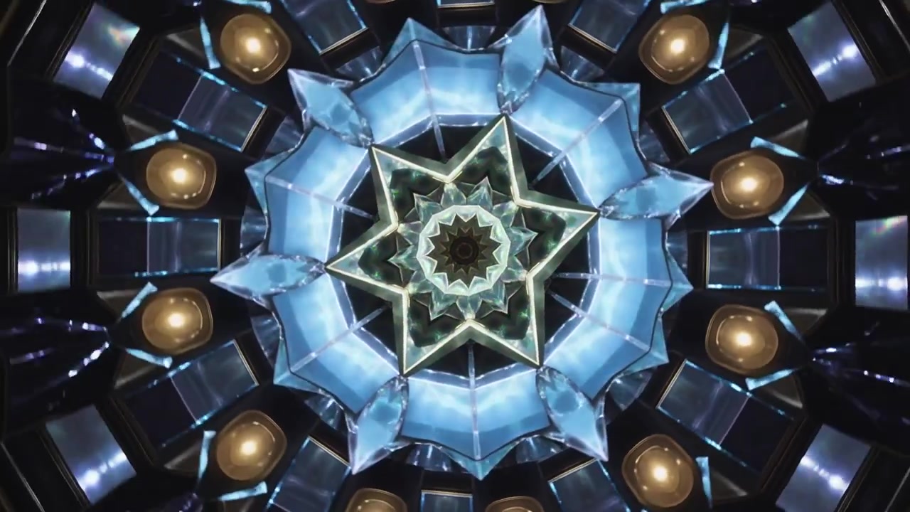 Playing kaleidoscopic star shifting rings and colors for light show on mirror with golden orbs