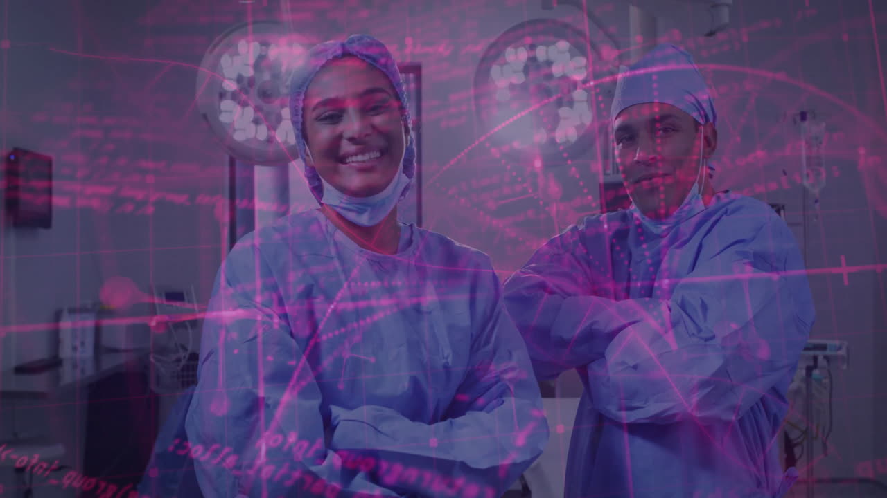 In hospital, medical professionals in scrubs smiling with animation of digital data