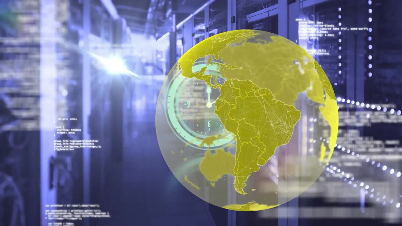 Animation of clock, globe and data processing over computer servers