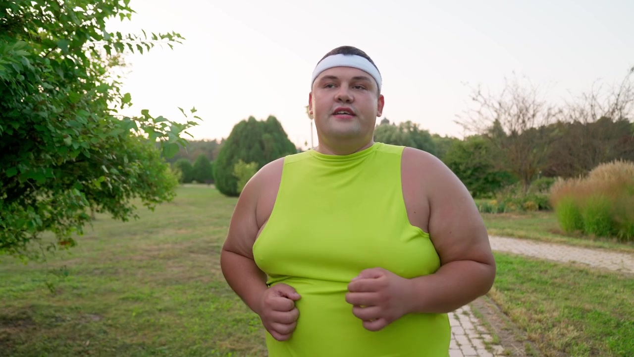 Uomo in sovrappeso determinato che fa jogging in un parco verde