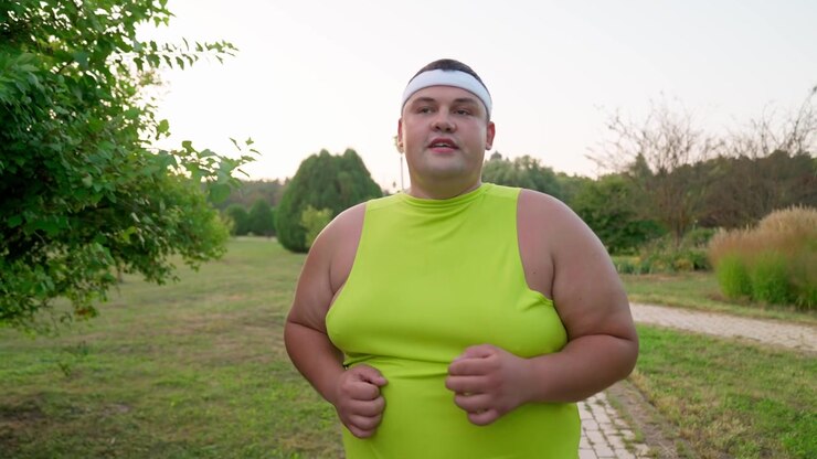 Uomo in sovrappeso determinato che fa jogging in un parco verde
