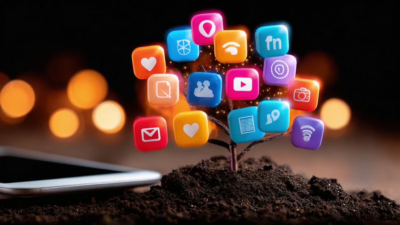 Innovative Conceptual Illustration of a Digital Tree Growing from Soil, Highlighting Social Media and Communication Icons Representing Modern Connectivity and Technology