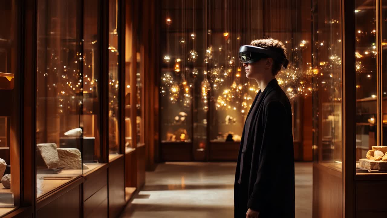 Exploring the Future of Art: A Visitor Engages with Augmented Reality in a Museum Space Filled with Captivating Exhibits and Enchanting Lighting Effects