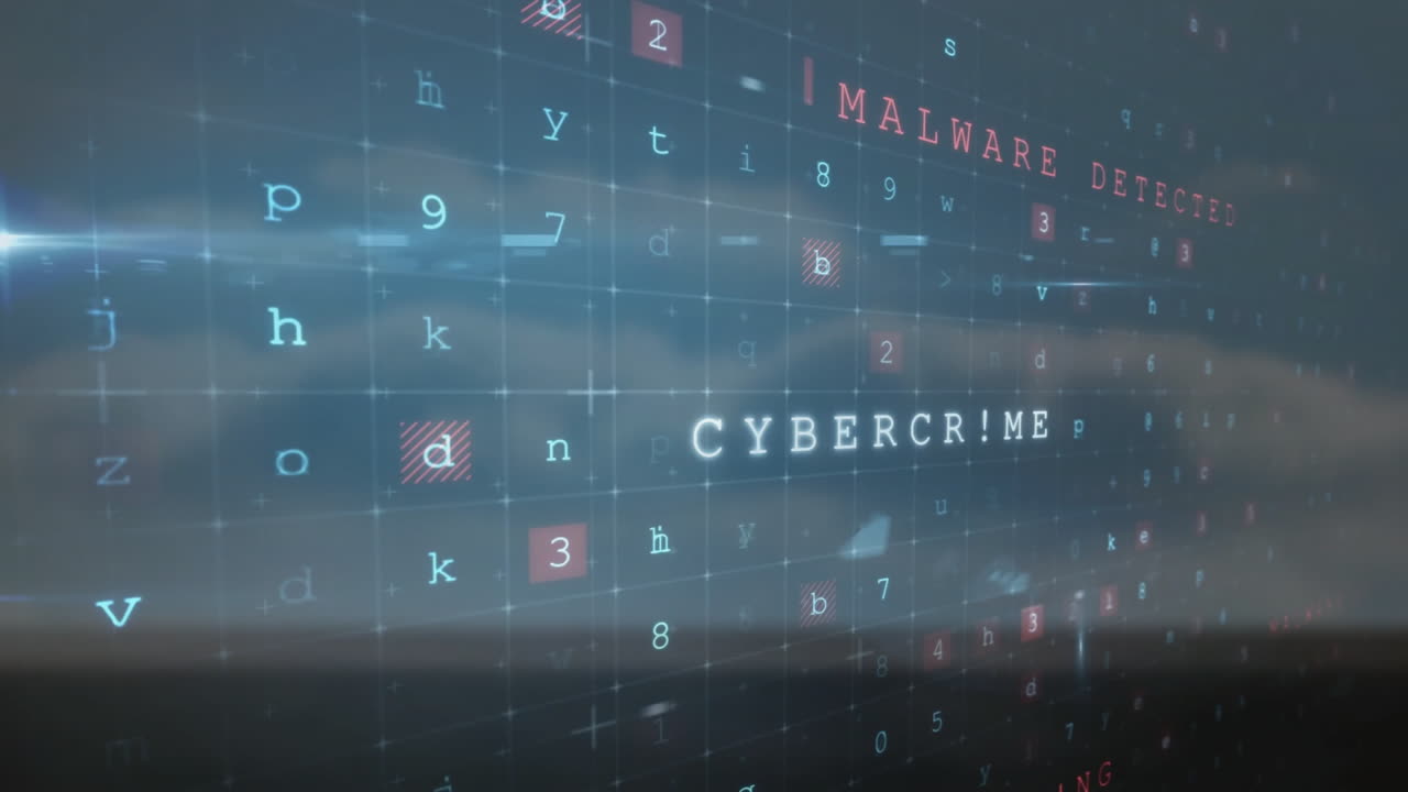 advertencia y malware detectado animación de texto sobre cuadrícula de caracteres aleatorios