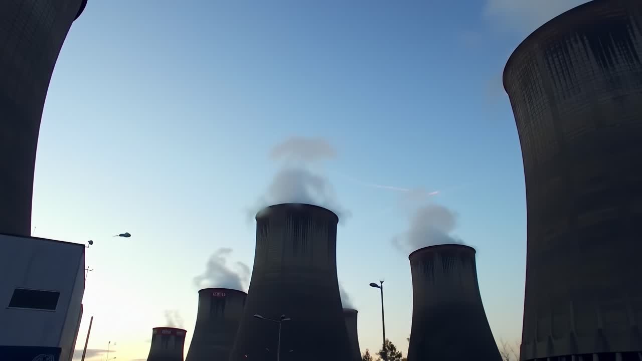 Torri di raffreddamento di una centrale elettrica al tramonto