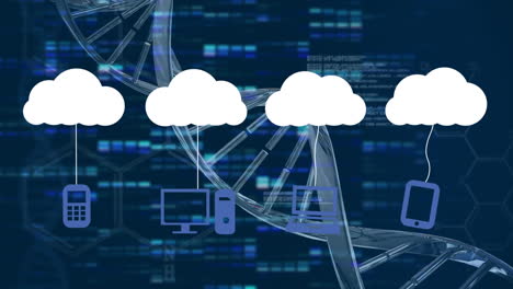 Animation of cloud icons and data processing over dark background