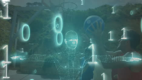 binary coding over spinning human model against group of men basketball on basketball court