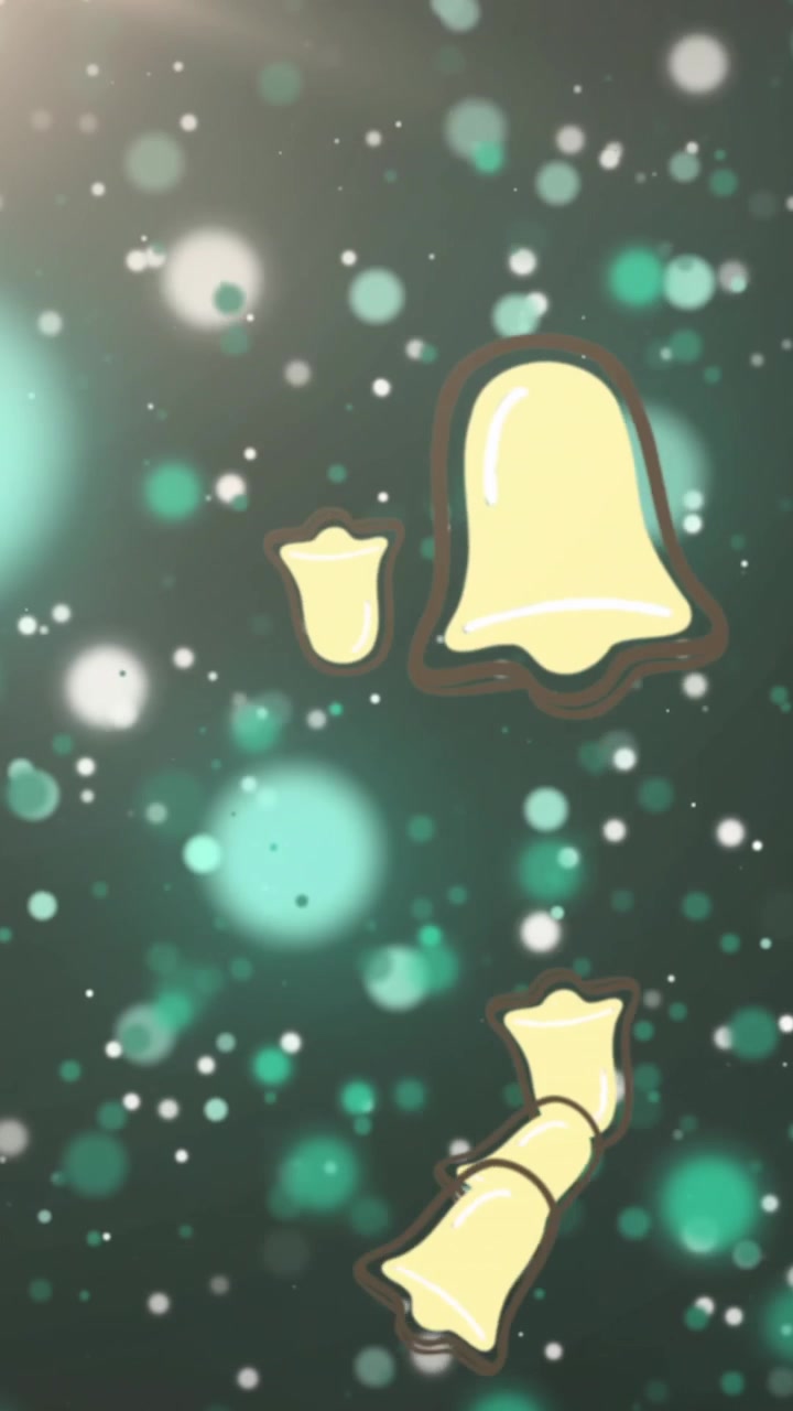 Animación de iconos de campanas navideñas cayendo sobre puntos de luz en un fondo azul con espacio para texto.