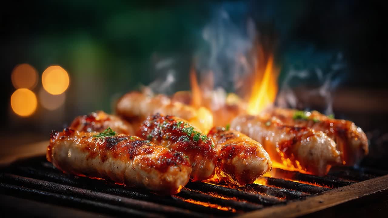 Sydende grillede pølser: En mundvandsløbende udstilling af smag og røg over trækul, der indfanger kunsten at grille i en varm, indbydende atmosfære
