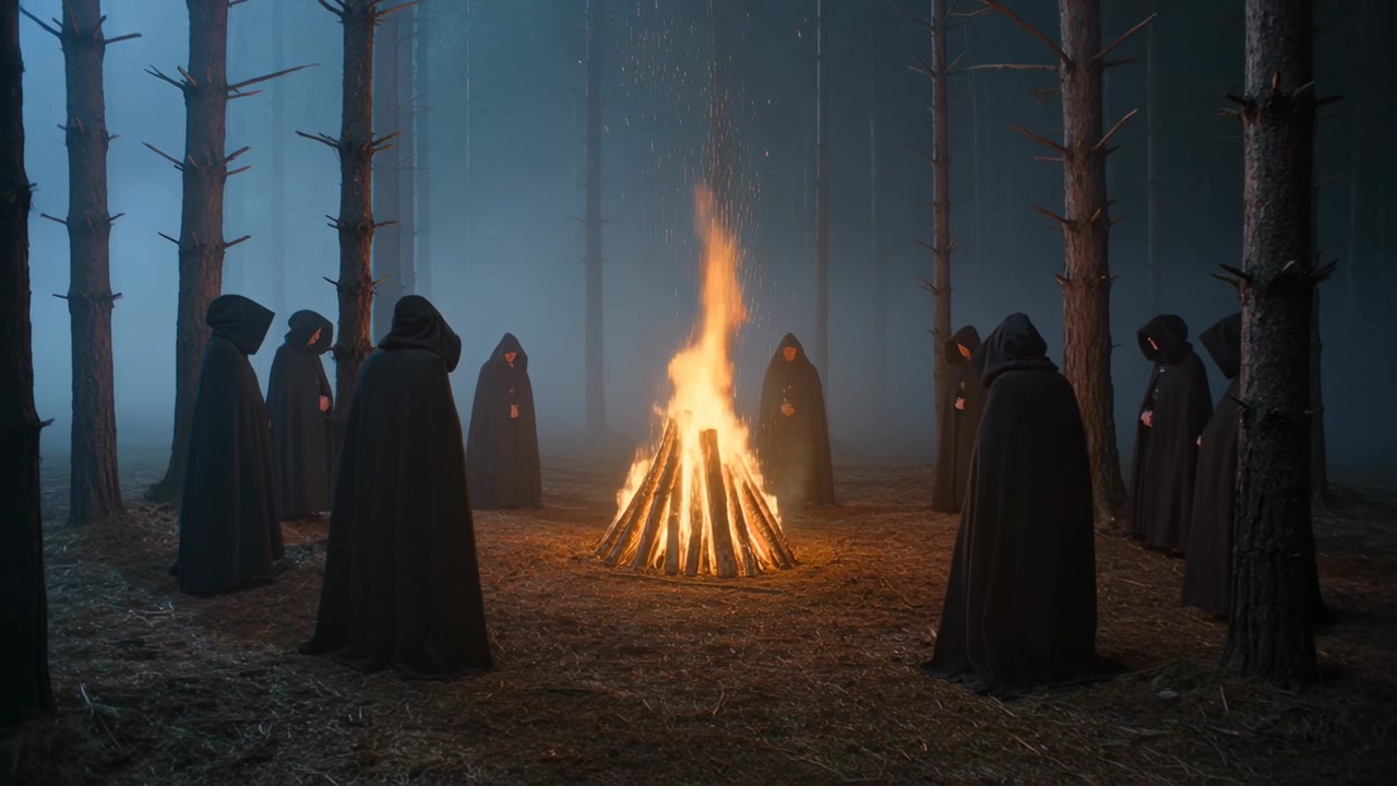 Flames flaring urging cloaked crew circling bonfire in foggy pines for ritual with red chest lights