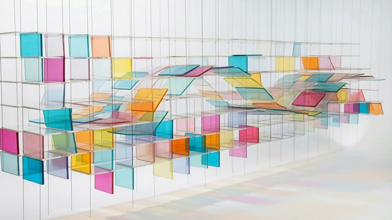 Reacting to motor, kinetic sculpture lifting sheer panels in white gallery creating color bands