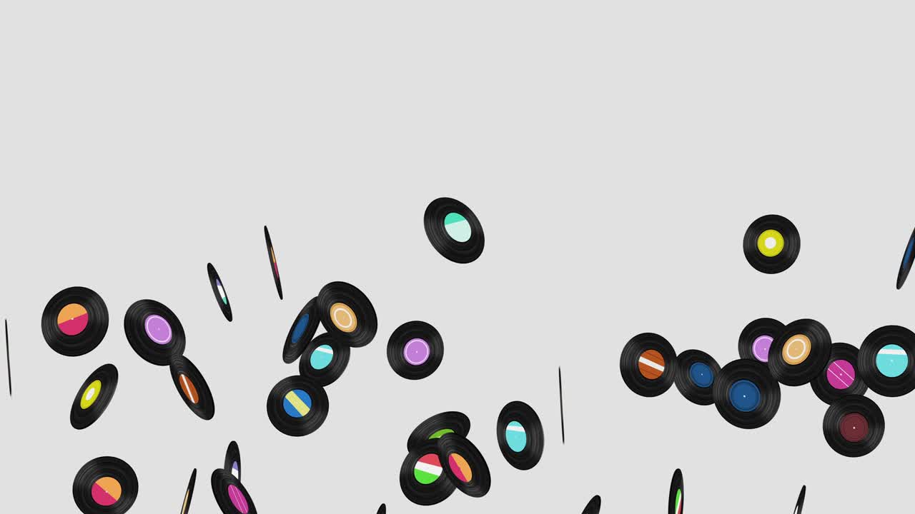 volando muchos discos de vinilo en fondo blanco. tecnología antigua. diseño retro. animación 3d de disco de música girando. animación de bucle.