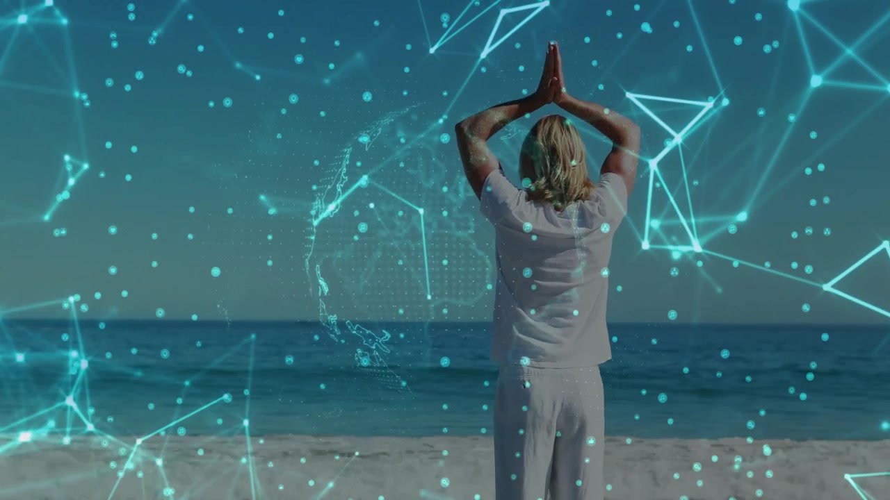 Hombre con los brazos extendidos adoptando una postura de yoga para el bienestar, con un globo holográfico y nodos flotando.