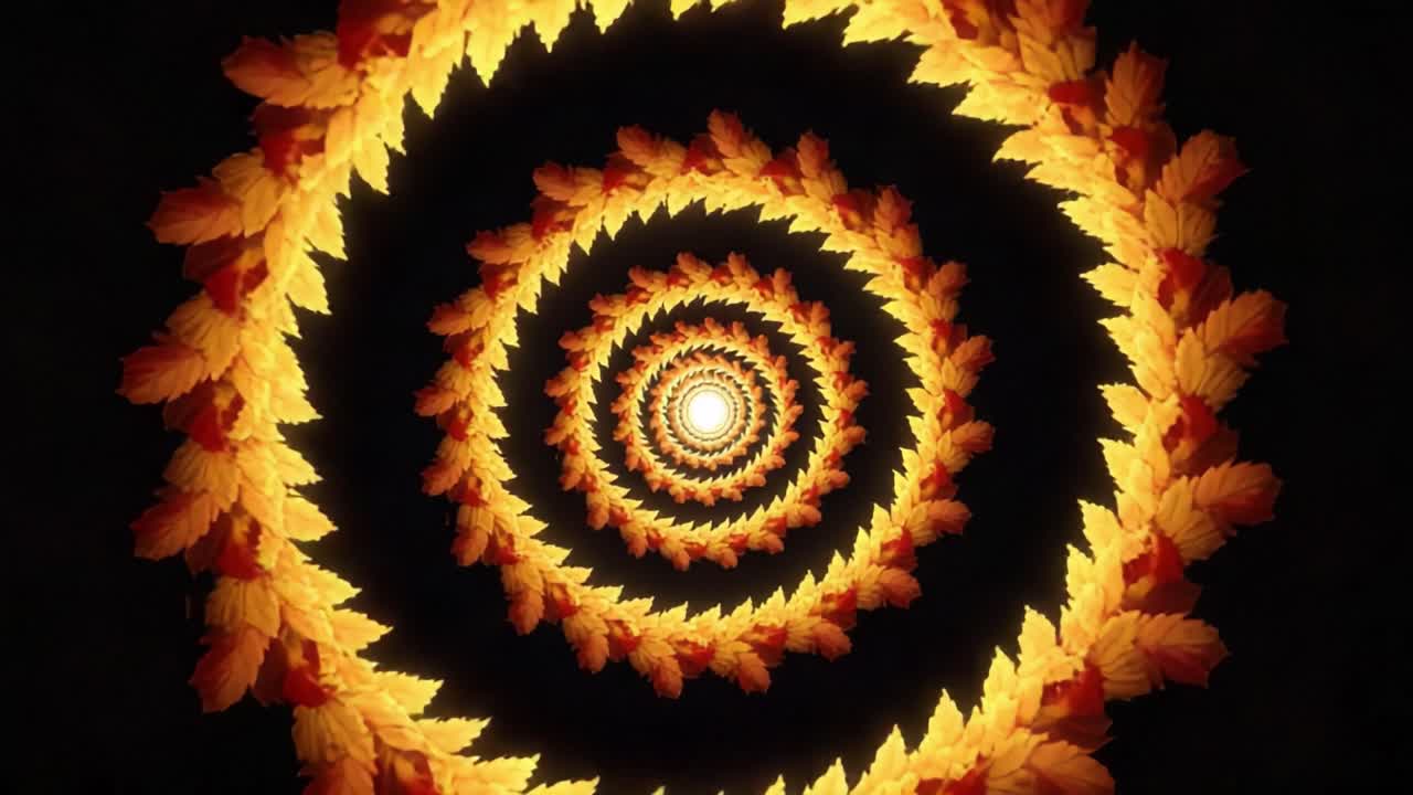 A Captivating Spiral of Autumn Leaves Illuminate the Dark Background, Creating a Hypnotic Visual of Nature's Beauty in a Whirling Pattern of Color and Light