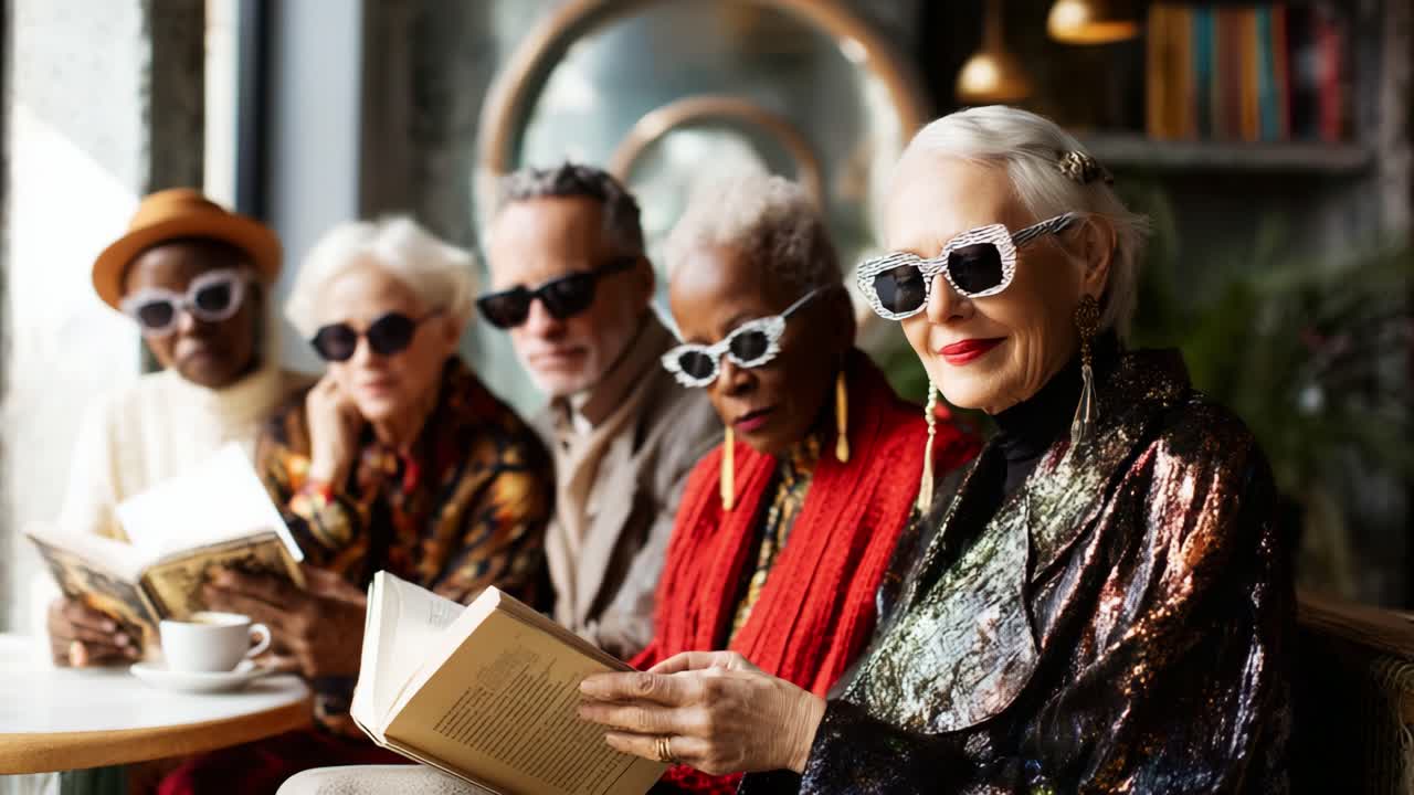 A group of fashionable older adults seated in a cozy cafe, all wearing stylish sunglasses and reading books, showcasing style, wisdom, and the joy of literature amidst their vibrant personalities
