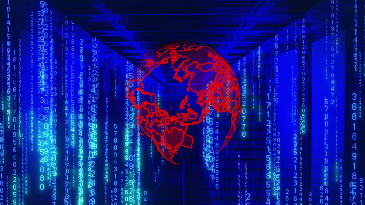 animación del globo, codificación binaria y procesamiento de datos a través de servidores informáticos