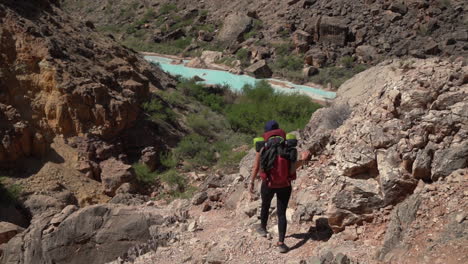 Female-Hiker-on-Hopi-Salt-Hiking-Trail,-Lookout-Above-Oasis-in-Grand-Canyon-National-Park,-Arizona-USA