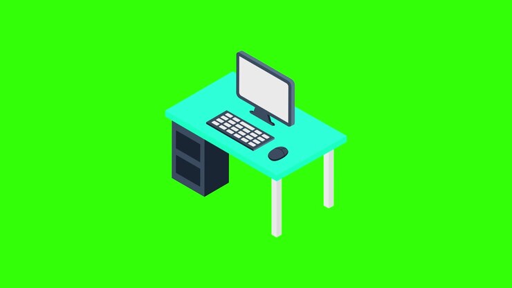 Animierter isometrischer Büroschreibtisch mit Computereinrichtung