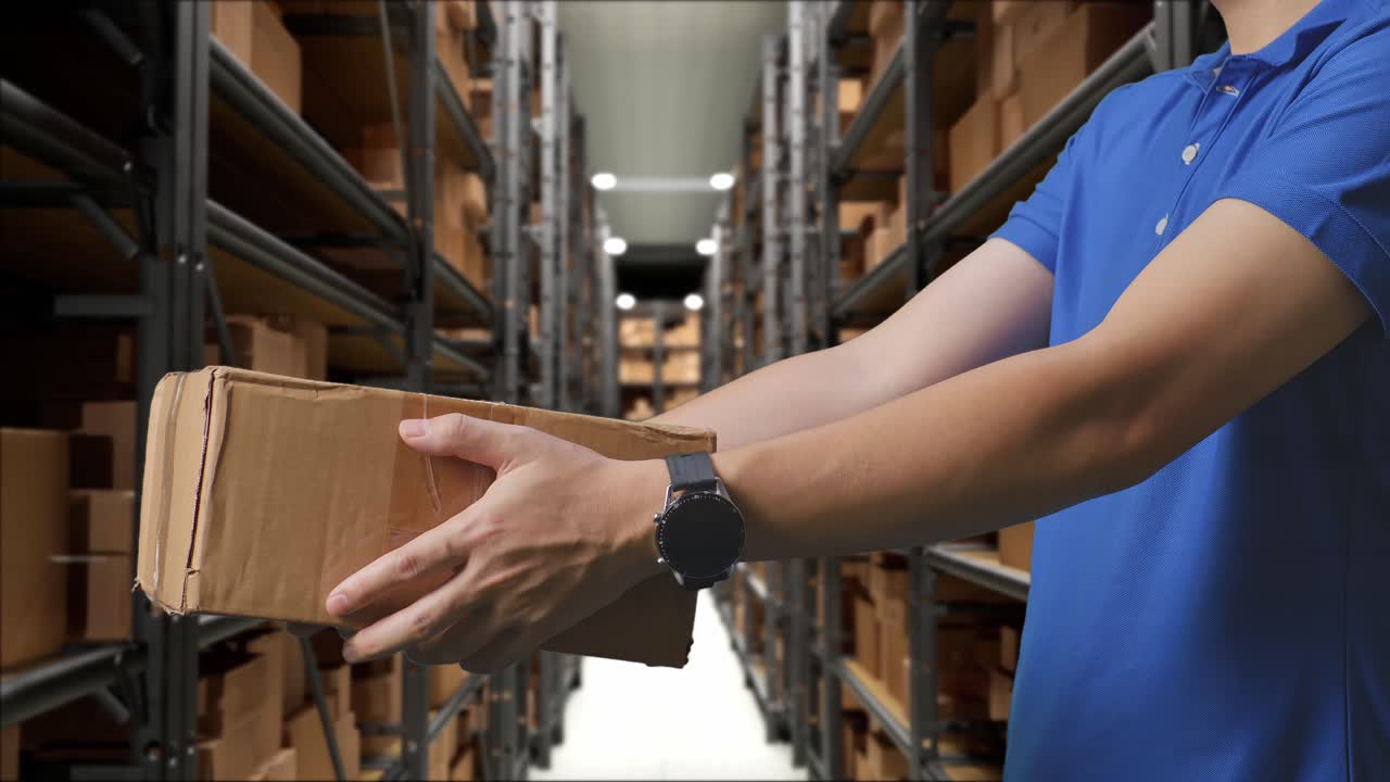 primer plano de un mensajero masculino en uniforme azul dando un cartón a alguien mientras lo entrega en el almacén