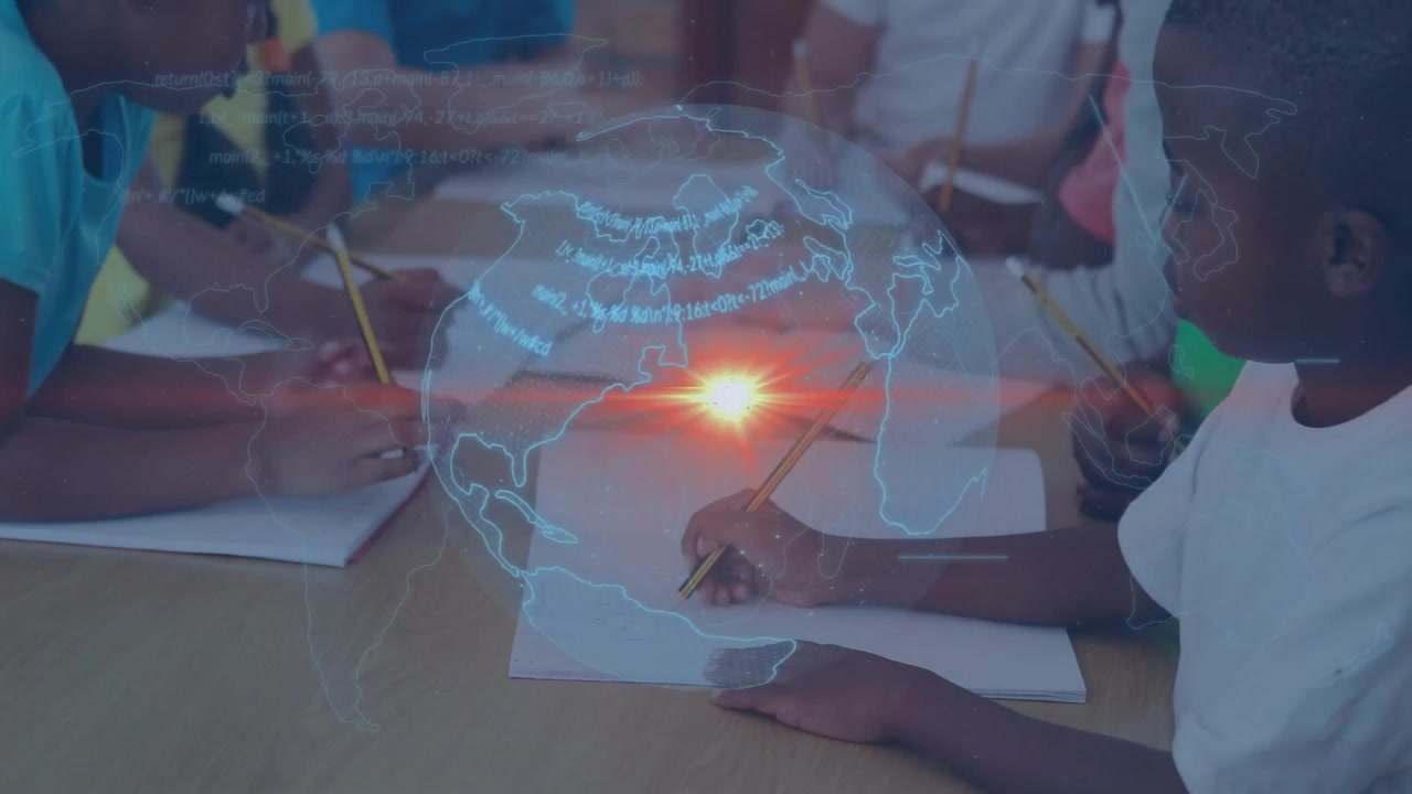 Students writing notebooks in classroom, starting closeup, globe fading over papers for learning