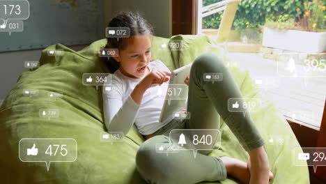 animation of changing numbers, icons in notification bars, caucasian girl using digital tablet