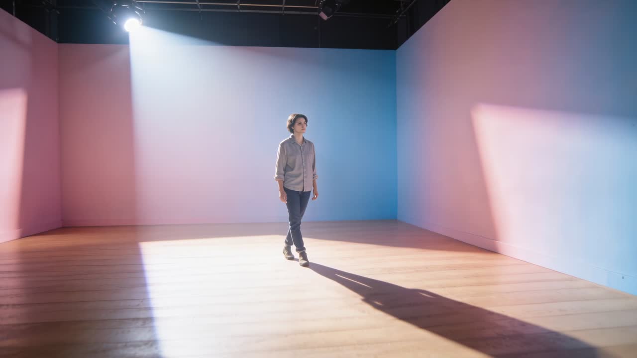Uomo in camicia grigia e jeans scuri, illuminato da un riflettore, si muove sul pavimento dello studio verso la luce.