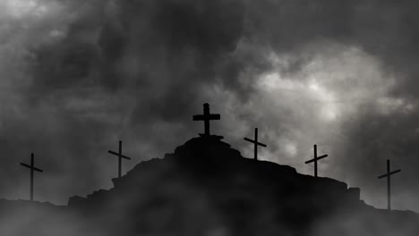 many crosses over silhouetted mountains and thunderstorms