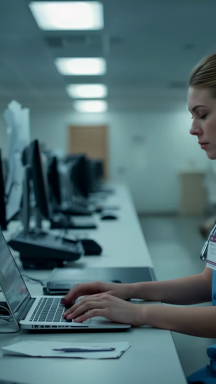 Vertikal video: Sykepleier i uniform skriver på en bærbar datamaskin for å registrere data på sykepleierstasjonen, kopieringsområde