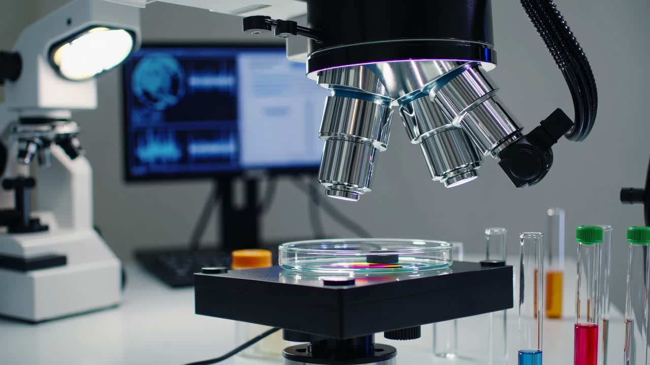 Close-up video shot of a microscope with test tubes, capturing a scientific research setting