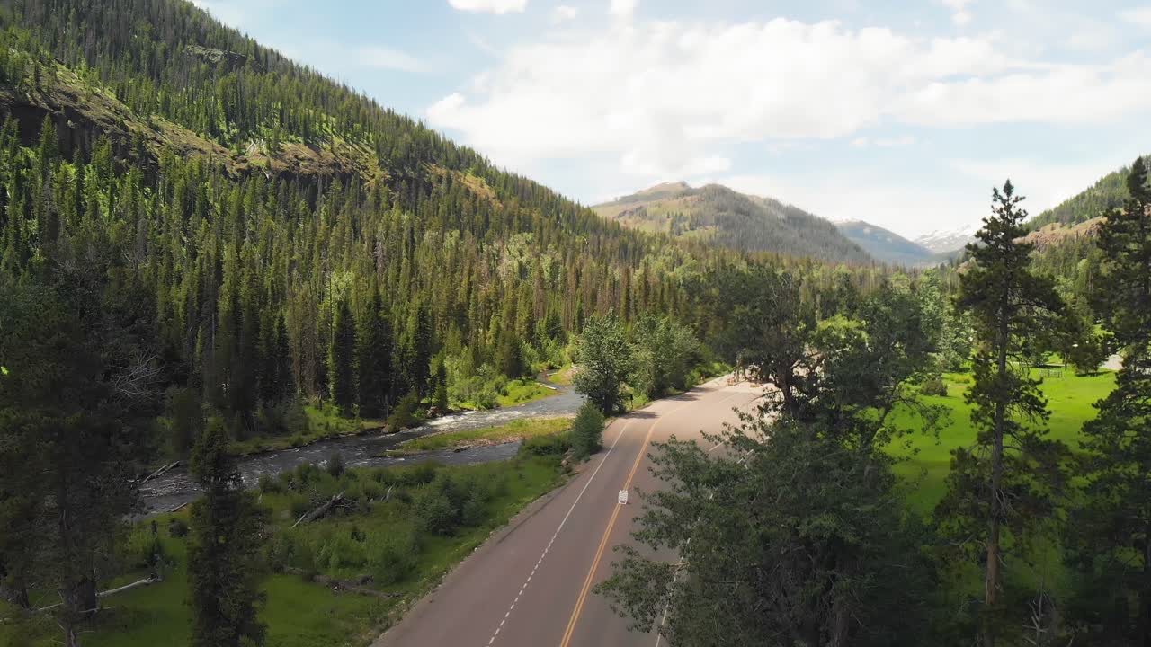 Aerial of Yellowstone National Park entrance, iconic gateway to nature's wonders