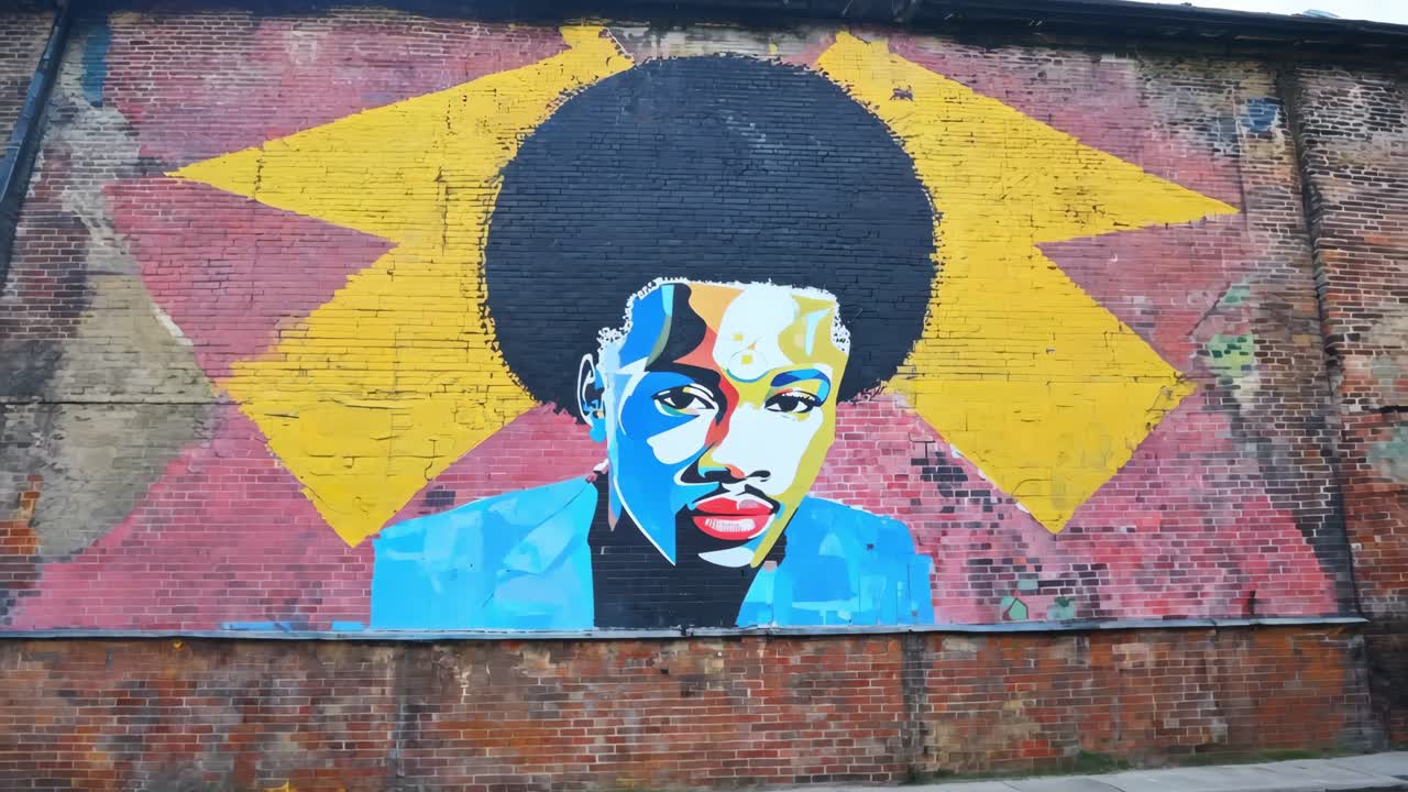 mural colorido de un hombre con afro en una pared de ladrillo