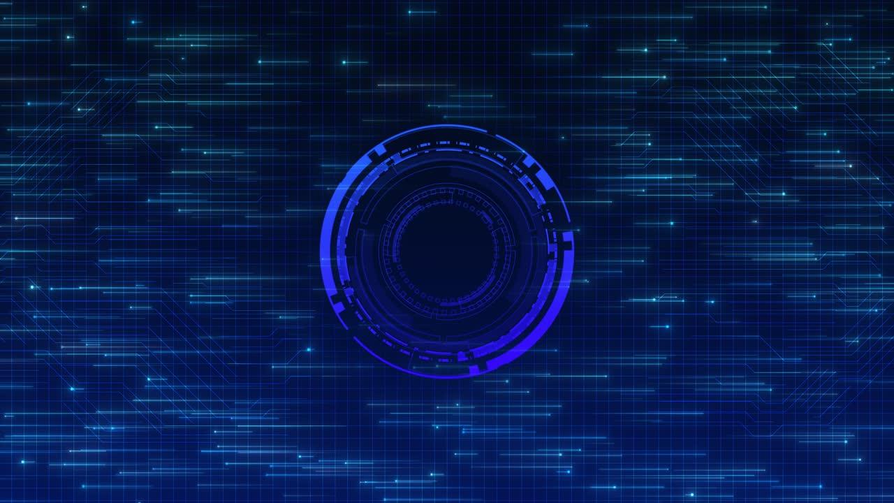 Futuristic hud interface features rotating digital core hightech circuit grid glowing data pulses