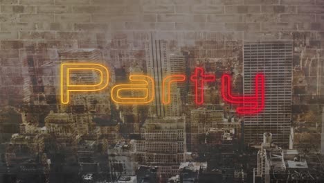 party sign in red neon on cityscape