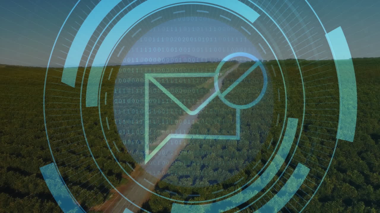 Digital envelope icon with binary code animation over lush green landscape