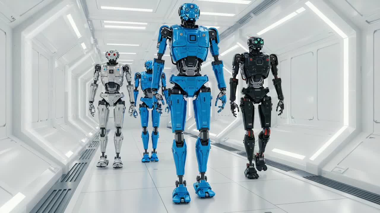 Futuristic Robotics: A Group of Advanced Androids Walking Through a Sleek, High-Tech Corridor with a Modern Design Emphasizing Their Unique Features and Colors